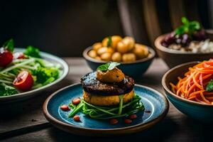 une table avec divers assiettes de aliments. généré par ai photo