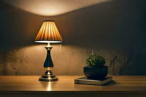 une lampe sur une table avec une plante. généré par ai photo