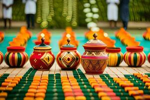 coloré des pots et des vases asseoir sur une tableau. généré par ai photo