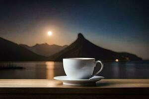 une tasse de café sur une table dans de face de une Montagne. généré par ai photo