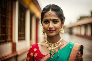 une magnifique Indien femme portant une traditionnel sari. généré par ai photo