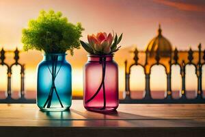 deux coloré verre des vases avec fleurs sur une tableau. généré par ai photo