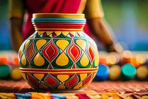 une coloré vase sur une table avec une femme permanent derrière il. généré par ai photo