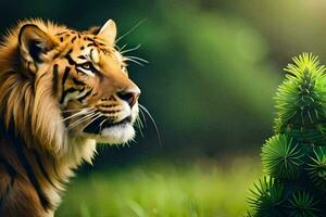 une tigre est permanent dans de face de une pin arbre. généré par ai photo