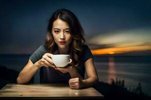 une femme en portant une tasse de café dans de face de le le coucher du soleil. généré par ai photo