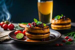 Crêpes avec fruit et des légumes sur une plaque. généré par ai photo