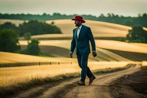 une homme dans une costume et rouge chapeau en marchant vers le bas une saleté route. généré par ai photo