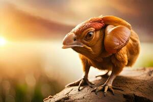 une petit poulet avec une gros diriger. généré par ai photo