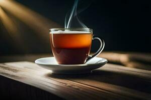 une tasse de thé sur une en bois tableau. généré par ai photo