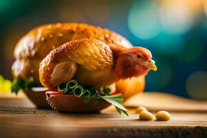 une poulet est séance sur une pièce de pain. généré par ai photo