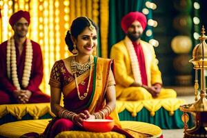 une magnifique Indien la mariée séance sur une rouge coussin. généré par ai photo