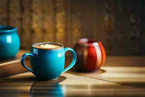 une café tasse et deux des vases sur une en bois tableau. généré par ai photo