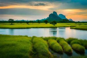 le lever du soleil plus de le montagnes. généré par ai photo