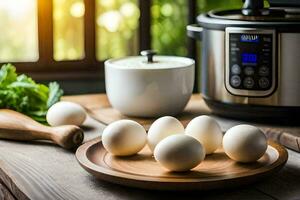 des œufs sur une en bois assiette suivant à un instant pot. généré par ai photo