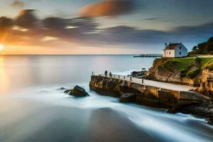 une maison sur le côte à le coucher du soleil. généré par ai photo