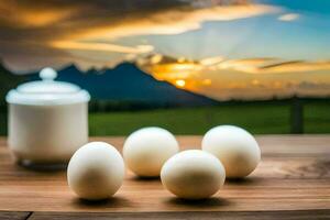 des œufs sur une table avec une le coucher du soleil dans le Contexte. généré par ai photo