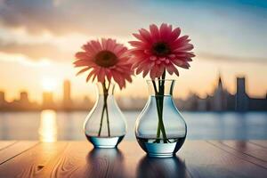 deux des vases avec rose fleurs sur une table dans de face de une ville ligne d'horizon. généré par ai photo