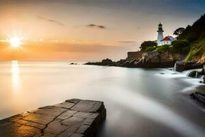 une phare est assis sur le rive de une corps de l'eau à le coucher du soleil. généré par ai photo