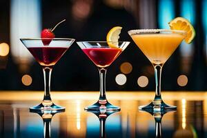 Trois différent les types de des cocktails sur une bar. généré par ai photo