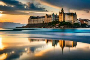 une Château est assis sur le rive de une plage à le coucher du soleil. généré par ai photo