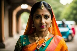 une femme dans un Orange sari et or bijoux. généré par ai photo