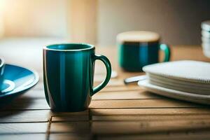 une table avec deux tasses et soucoupes. généré par ai photo