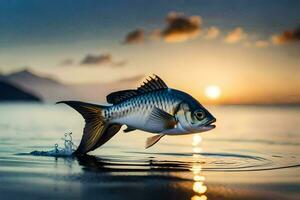 une poisson est sauter en dehors de le l'eau à le coucher du soleil. généré par ai photo