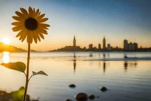 tournesol dans de face de le ville à le coucher du soleil. généré par ai photo