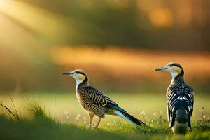 deux des oiseaux permanent dans le herbe avec le Soleil dans le Contexte. généré par ai photo
