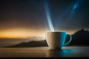 une tasse de café sur une table avec une vue de le nuit ciel. généré par ai photo