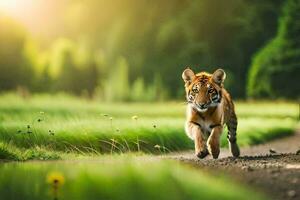 une tigre en marchant à travers une champ. généré par ai photo