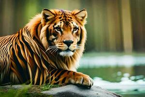 une tigre est séance sur une Roche près une corps de l'eau. généré par ai photo