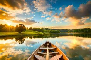 une bateau sur le Lac à le coucher du soleil. généré par ai photo