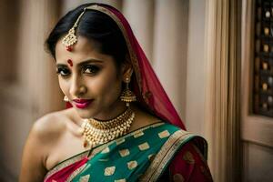 une magnifique Indien la mariée dans une traditionnel sari. généré par ai photo