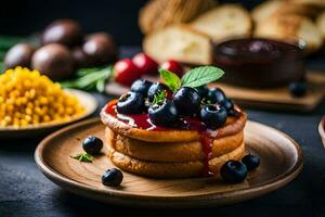 myrtille Crêpes avec myrtille sauce et blé sur le épi. généré par ai photo