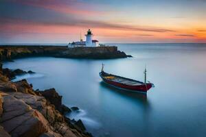 une bateau est assis dans le l'eau à le coucher du soleil. généré par ai photo