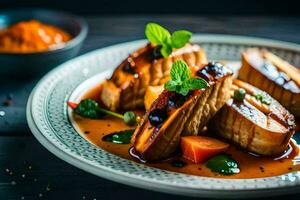 une assiette de nourriture avec Viande et des légumes. généré par ai photo