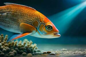 une poisson nager dans un aquarium avec corail. généré par ai photo