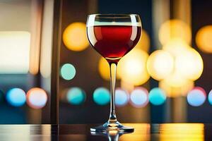 une verre de rouge du vin sur une table dans de face de une flou Contexte. généré par ai photo
