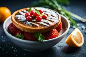 une dessert avec des fraises et citron tranches. généré par ai photo