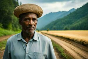 un vieux homme portant une paille chapeau des stands sur une saleté route. généré par ai photo