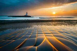 le Soleil ensembles plus de le océan et une phare. généré par ai photo