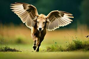 une cheval avec ailes propager en dehors sur le sol. généré par ai photo