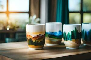Trois des tasses avec Montagne scènes peint sur eux. généré par ai photo