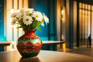 une vase avec blanc fleurs séance sur une tableau. généré par ai photo
