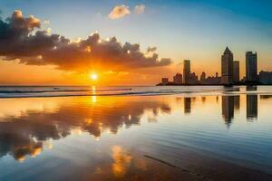 le Soleil ensembles plus de le ville horizon sur une plage. généré par ai photo