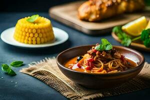 spaghetti avec tomate sauce et blé sur le côté. généré par ai photo