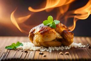 une poulet est sur Feu avec épices et herbes. généré par ai photo