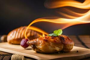 grillé poulet sur une en bois planche avec Feu. généré par ai photo