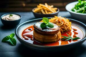 une assiette de nourriture avec Viande et sauce. généré par ai photo